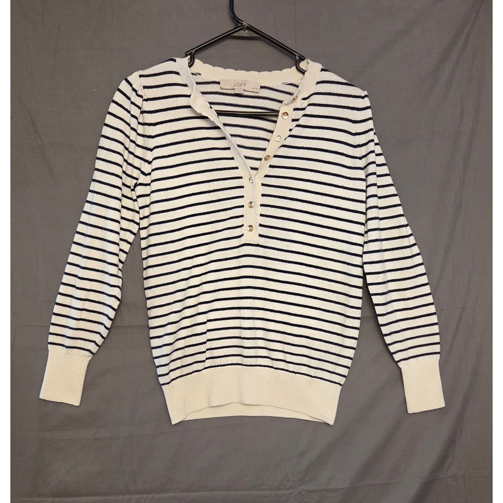 Loft Striped Half Button Front Knit Sweater Women's Size SP Black White Beach‎